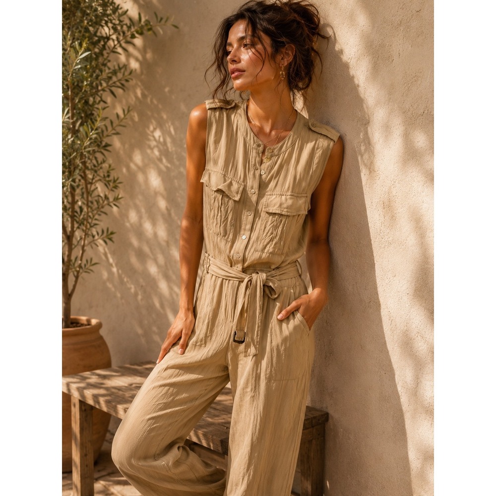 Simply Vera Vera Wang Womens XS Khaki Tan Utility Sleeveless Wide Leg Jumpsuit